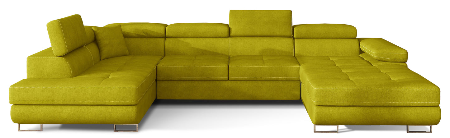 Narożnik Rodrigo w układzie lewym, tapicerowany w tkaninie Omega 68 żółty, widok frontalny na białym tle.