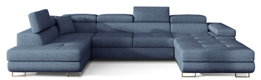 Narożnik Rodrigo w układzie lewym, tapicerowany w tkaninie Omega 86 jasnoniebieski, widok frontalny na białym tle.