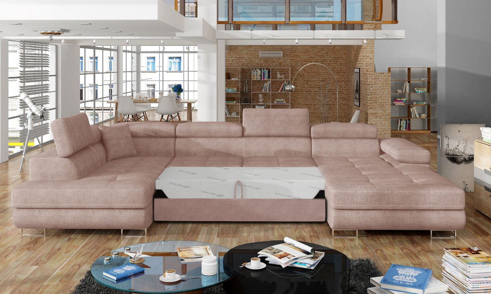 Narożnik Rodrigo Omega 91 jasnoróżowy w układzie lewym z rozłożoną funkcją spania w jasnym salonie.