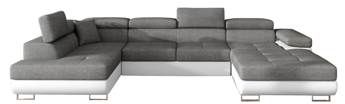 Narożnik Rodrigo w układzie lewym, tapicerowany w tkaninie Sawana 05 ciemnoszary i Soft 17, widok frontalny na białym tle.