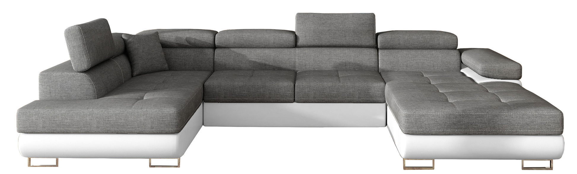 Narożnik Rodrigo w układzie lewym, tapicerowany w tkaninie Sawana 05 ciemnoszary i Soft 17, widok frontalny na białym tle.