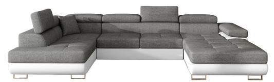 Narożnik Rodrigo w układzie lewym, tapicerowany w tkaninie Sawana 05 ciemnoszary i Soft 17, widok frontalny na białym tle.