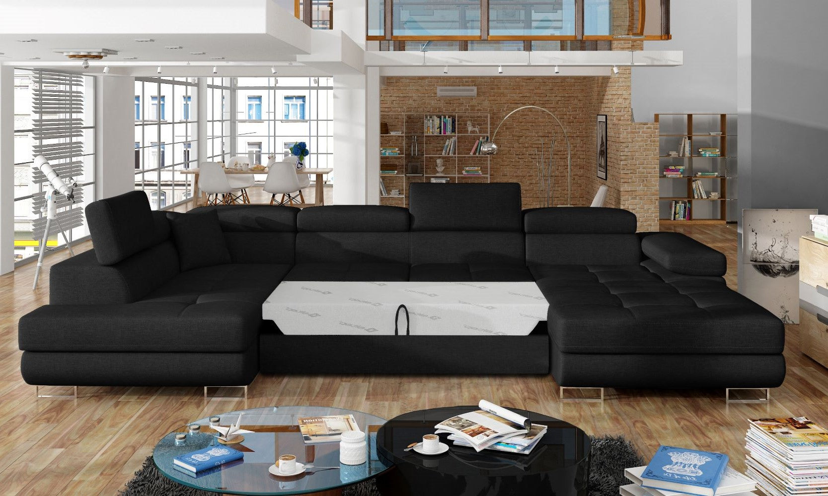 Narożnik Rodrigo Sawana 14 czarny w układzie lewym z rozłożoną funkcją spania w jasnym salonie.