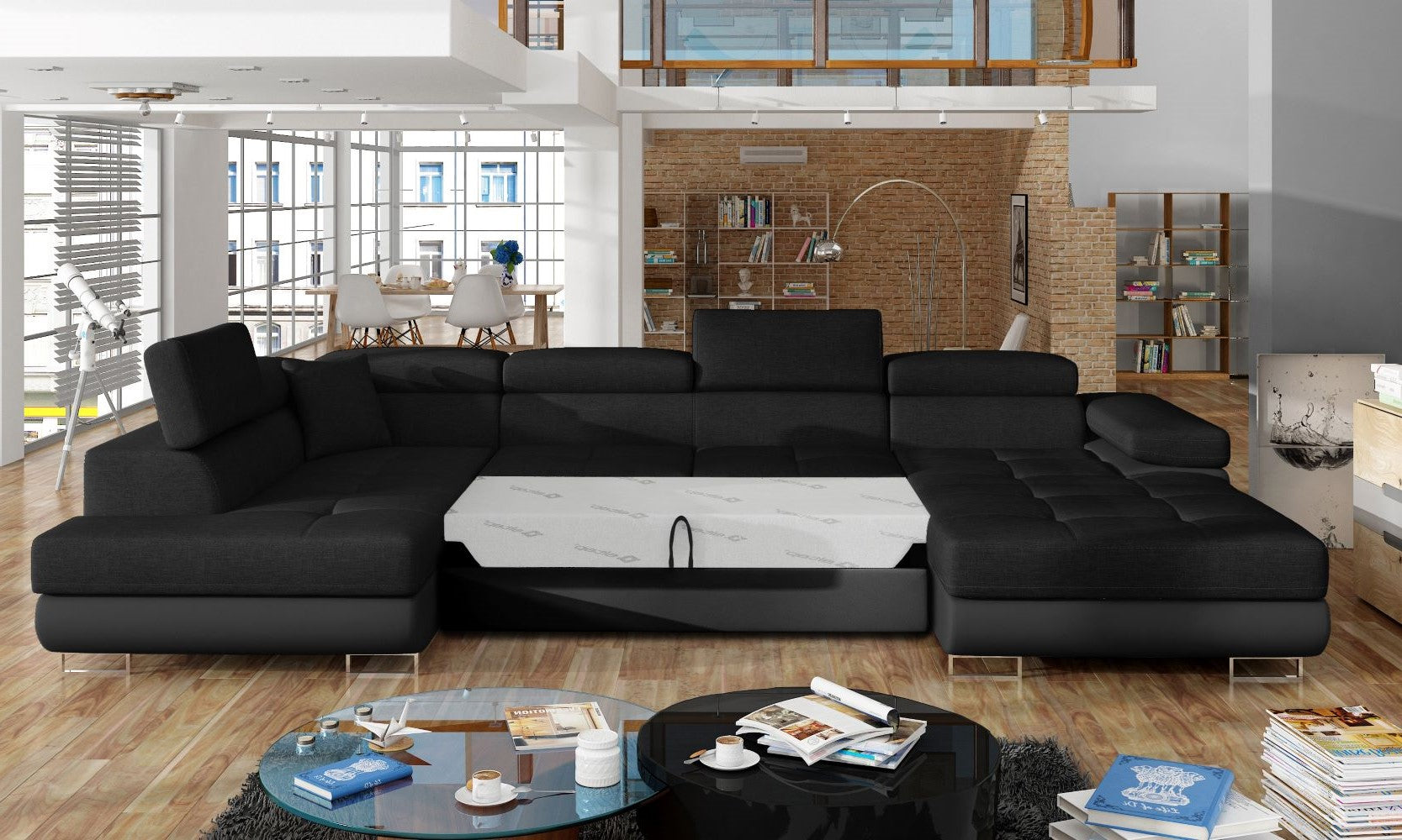 Narożnik Rodrigo Sawana 14 czarny / Soft 11 w układzie lewym z rozłożoną funkcją spania w jasnym salonie.