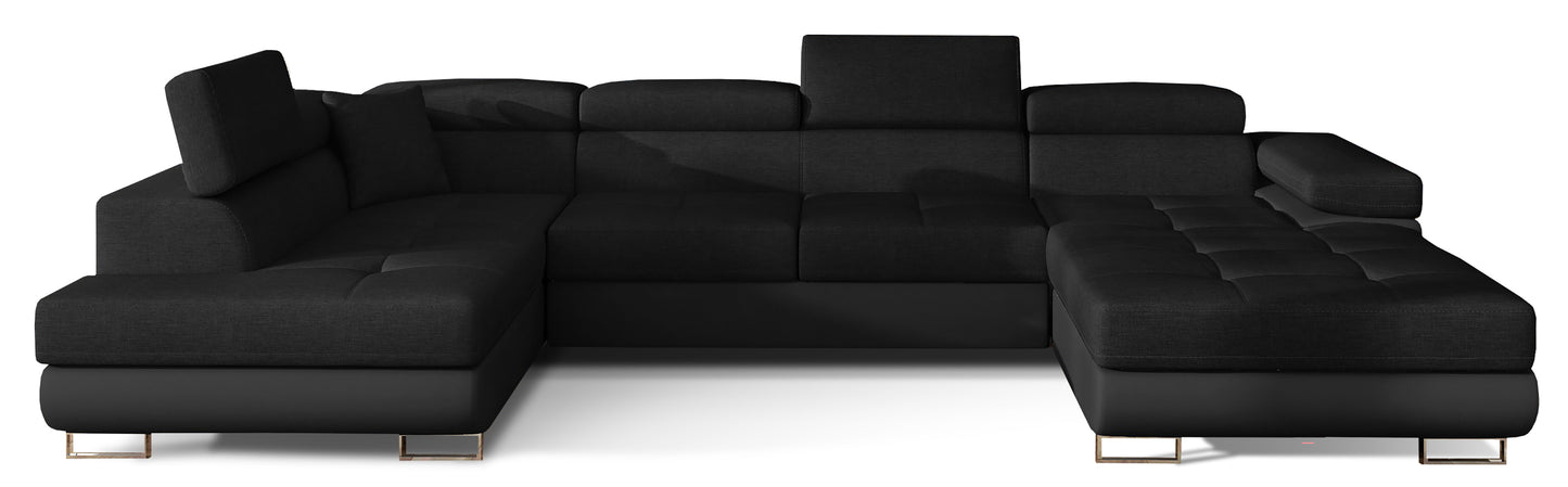 Narożnik Rodrigo w układzie lewym, tapicerowany w tkaninie Sawana 14 czarny i Soft 11, widok frontalny na białym tle.