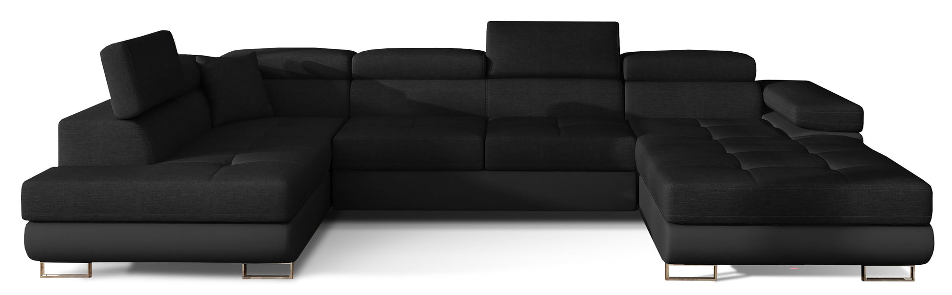 Narożnik Rodrigo w układzie lewym, tapicerowany w tkaninie Sawana 14 czarny i Soft 11, widok frontalny na białym tle.