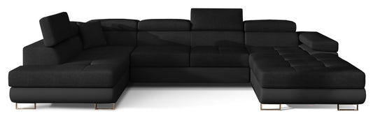 Narożnik Rodrigo w układzie lewym, tapicerowany w tkaninie Sawana 14 czarny i Soft 11, widok frontalny na białym tle.