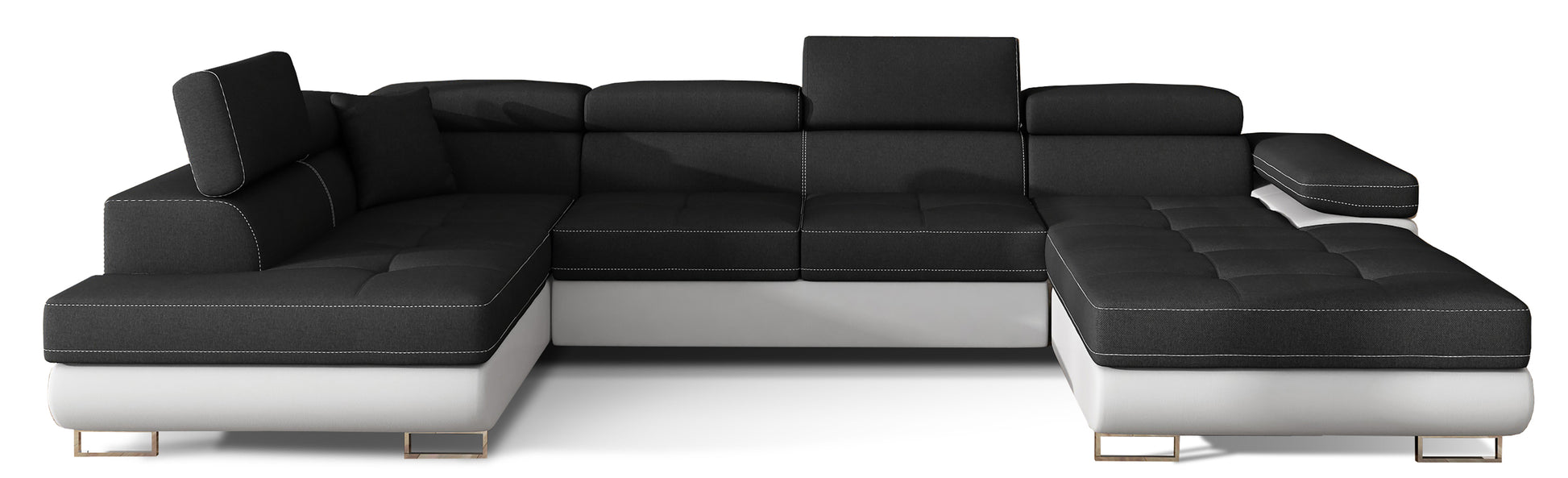 Narożnik Rodrigo w układzie lewym, tapicerowany w tkaninie Sawana 14 czarny i Soft 17, widok frontalny na białym tle.