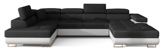 Narożnik Rodrigo w układzie lewym, tapicerowany w tkaninie Sawana 14 czarny i Soft 17, widok frontalny na białym tle.