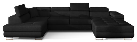 Narożnik Rodrigo w układzie lewym, tapicerowany w tkaninie Sawana 14 czarny, widok frontalny na białym tle.