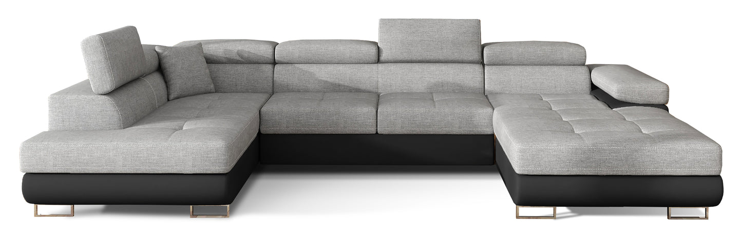 Narożnik Rodrigo w układzie lewym, tapicerowany w tkaninie Sawana 21 szary i Soft 11, widok frontalny na białym tle.