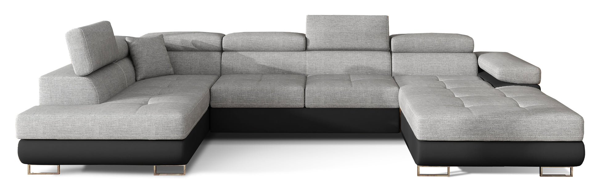 Narożnik Rodrigo w układzie lewym, tapicerowany w tkaninie Sawana 21 szary i Soft 11, widok frontalny na białym tle.