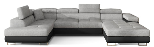 Narożnik Rodrigo w układzie lewym, tapicerowany w tkaninie Sawana 21 szary i Soft 11, widok frontalny na białym tle.