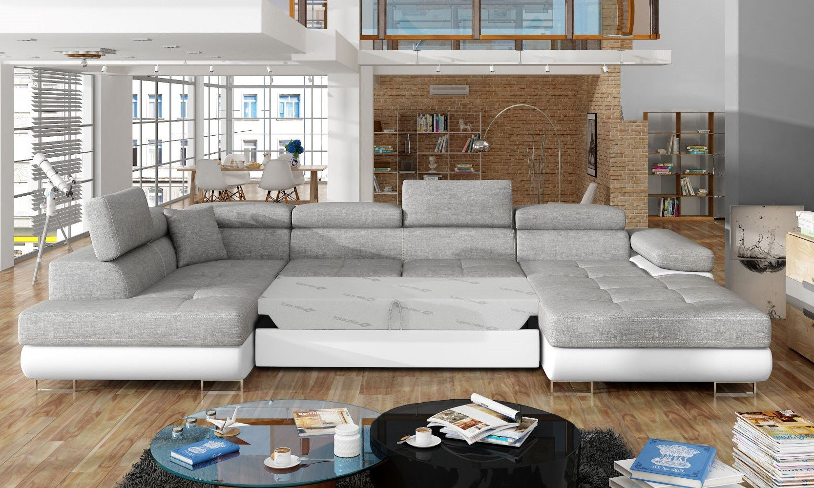 Narożnik Rodrigo Sawana 21 szary / Soft 17 w układzie lewym z rozłożoną funkcją spania w jasnym salonie.