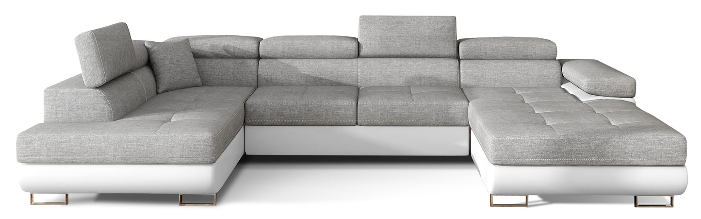 Narożnik Rodrigo w układzie lewym, tapicerowany w tkaninie Sawana 21 szary i Soft 17, widok frontalny na białym tle.