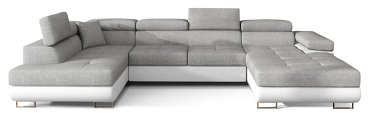 Narożnik Rodrigo w układzie lewym, tapicerowany w tkaninie Sawana 21 szary i Soft 17, widok frontalny na białym tle.