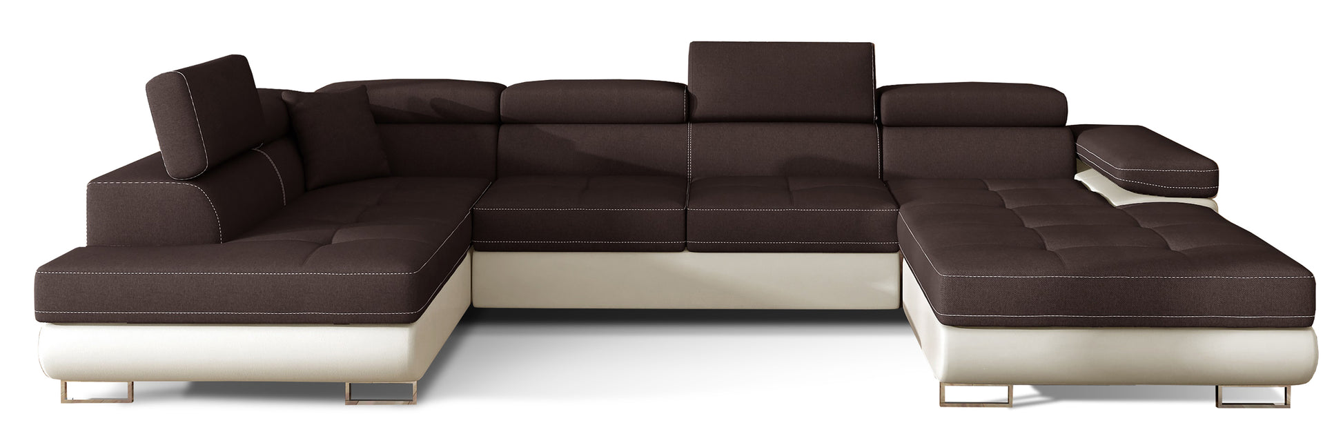 Narożnik Rodrigo w układzie lewym, tapicerowany w tkaninie Sawana 26 brązowy i Soft 33, widok frontalny na białym tle.