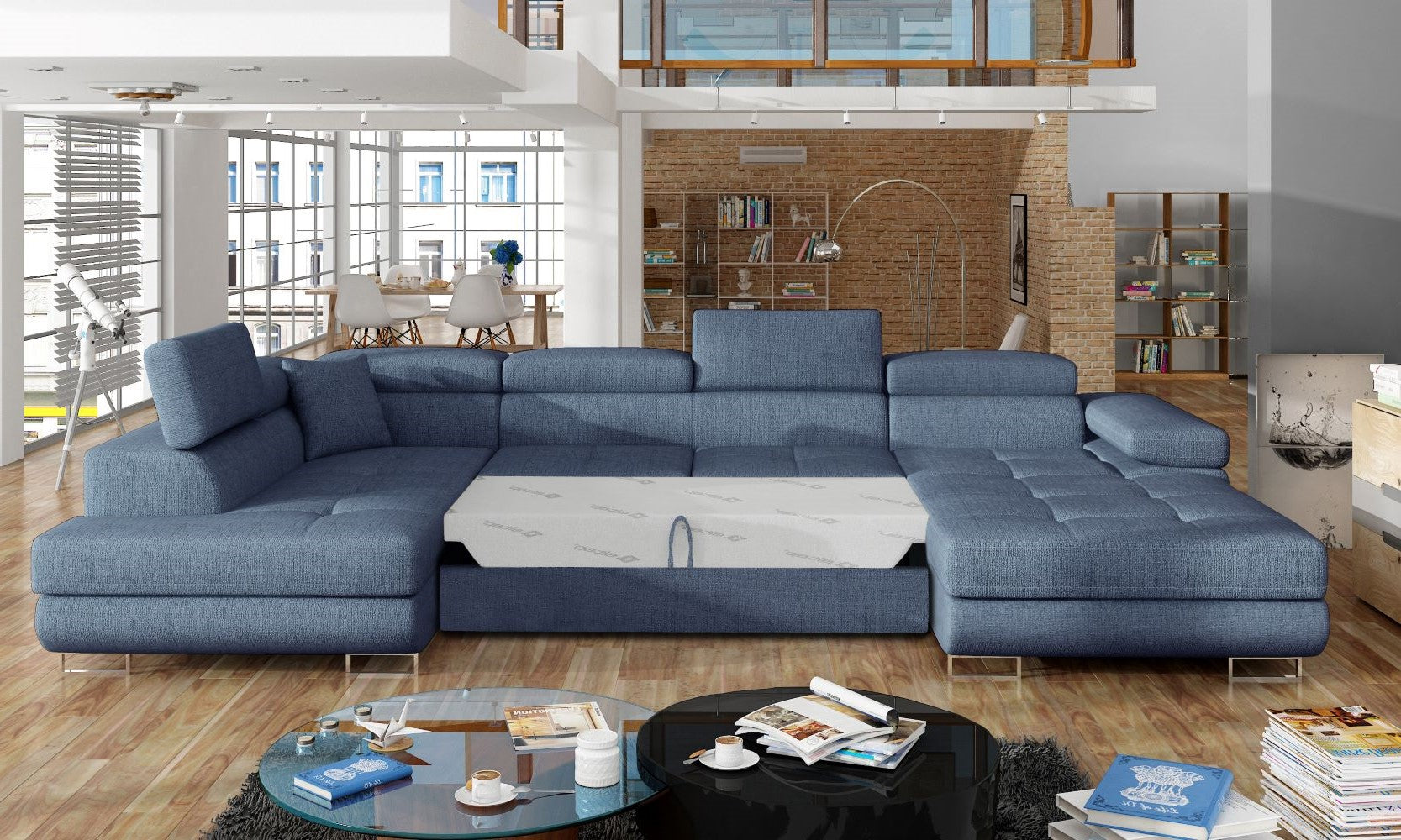 Narożnik Rodrigo Solid 77 granatowy w układzie lewym z rozłożoną funkcją spania w jasnym salonie.