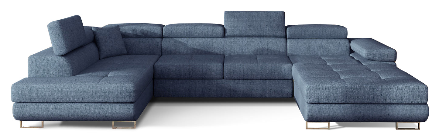 Narożnik Rodrigo w układzie lewym, tapicerowany w tkaninie Solid 77 granatowy, widok frontalny na białym tle.