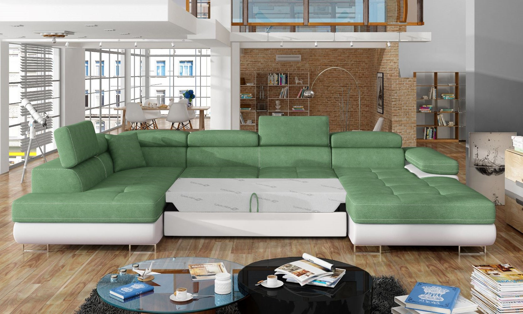 Narożnik Rodrigo Sawana 34 jasnozielony / Soft 17 w układzie lewym z rozłożoną funkcją spania w jasnym salonie.