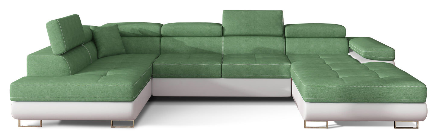 Narożnik Rodrigo w układzie lewym, tapicerowany w tkaninie Sawana 34 jasnozielony i Soft 17, widok frontalny na białym tle.