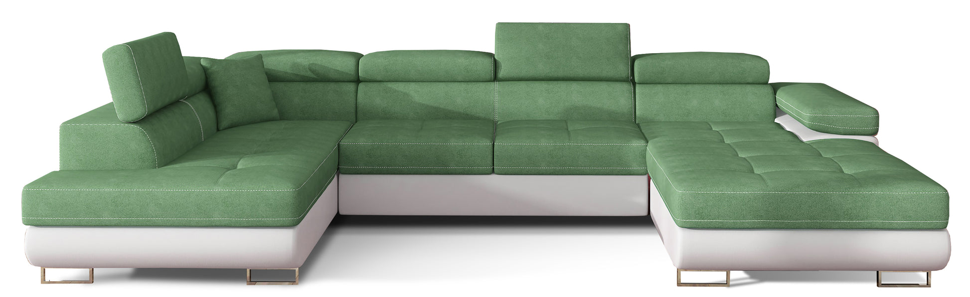 Narożnik Rodrigo w układzie lewym, tapicerowany w tkaninie Sawana 34 jasnozielony i Soft 17, widok frontalny na białym tle.