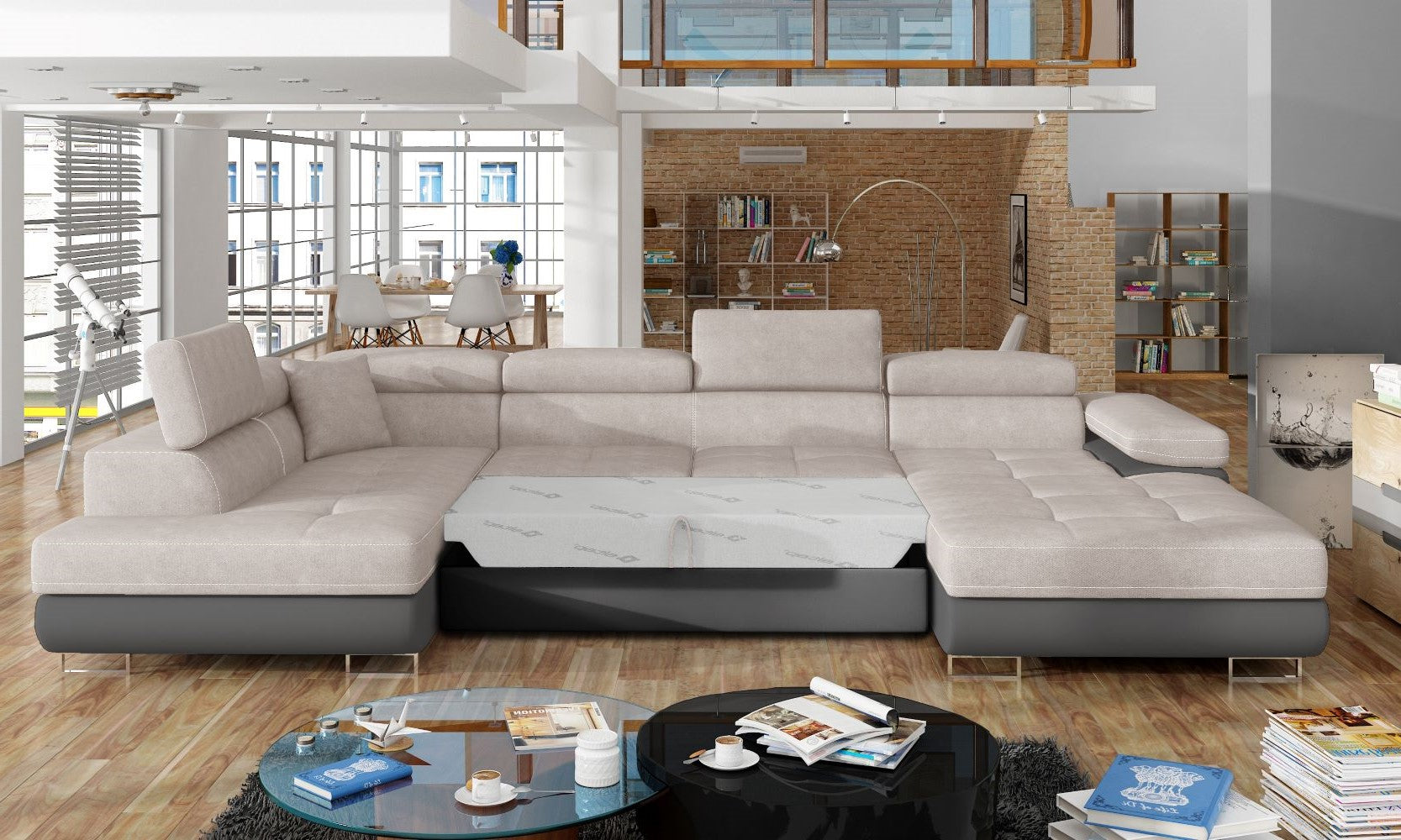 Narożnik Rodrigo Soro 83 jasnoszary / Soft 29 w układzie lewym z rozłożoną funkcją spania w jasnym salonie.