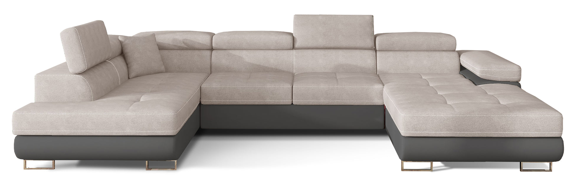 Narożnik Rodrigo w układzie lewym, tapicerowany w tkaninie Soro 83 jasnoszary i Soft 29, widok frontalny na białym tle.