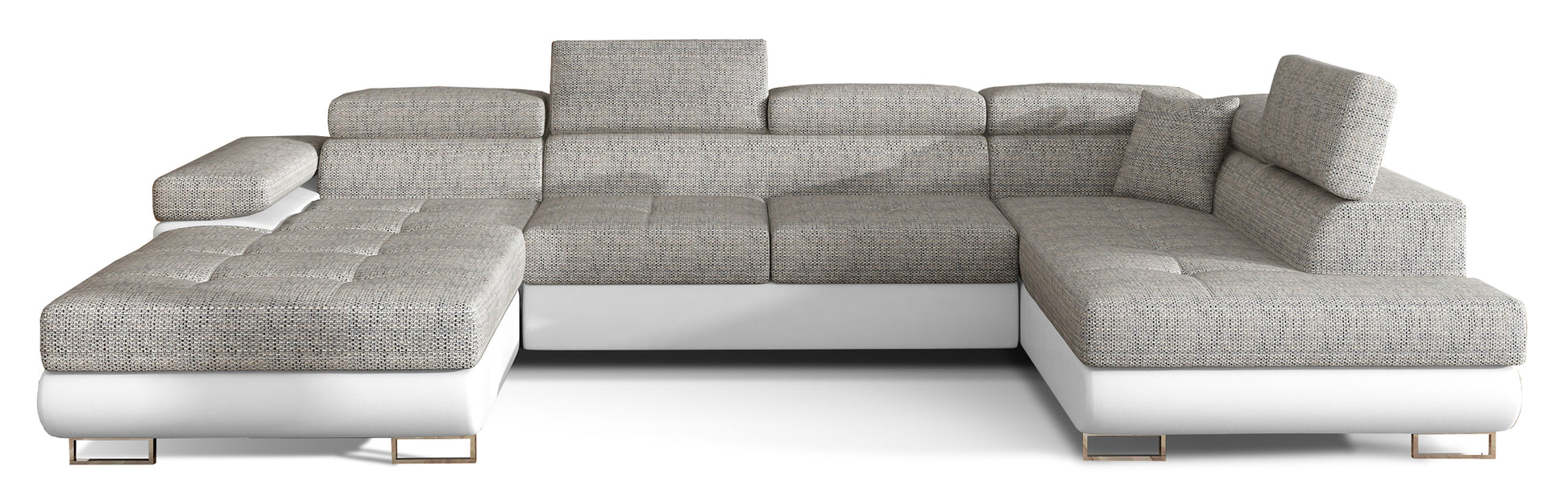 Narożnik Rodrigo w układzie prawym, tapicerowany w tkaninie Berlin 01 szary i Soft 17 biały, widok frontalny na białym tle.