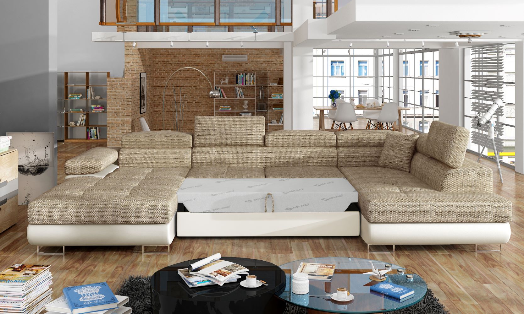 Narożnik Rodrigo Berlin 03 ciemnobeżowy / Soft 33 w układzie prawym z wysuniętą funkcją spania w jasnym salonie.