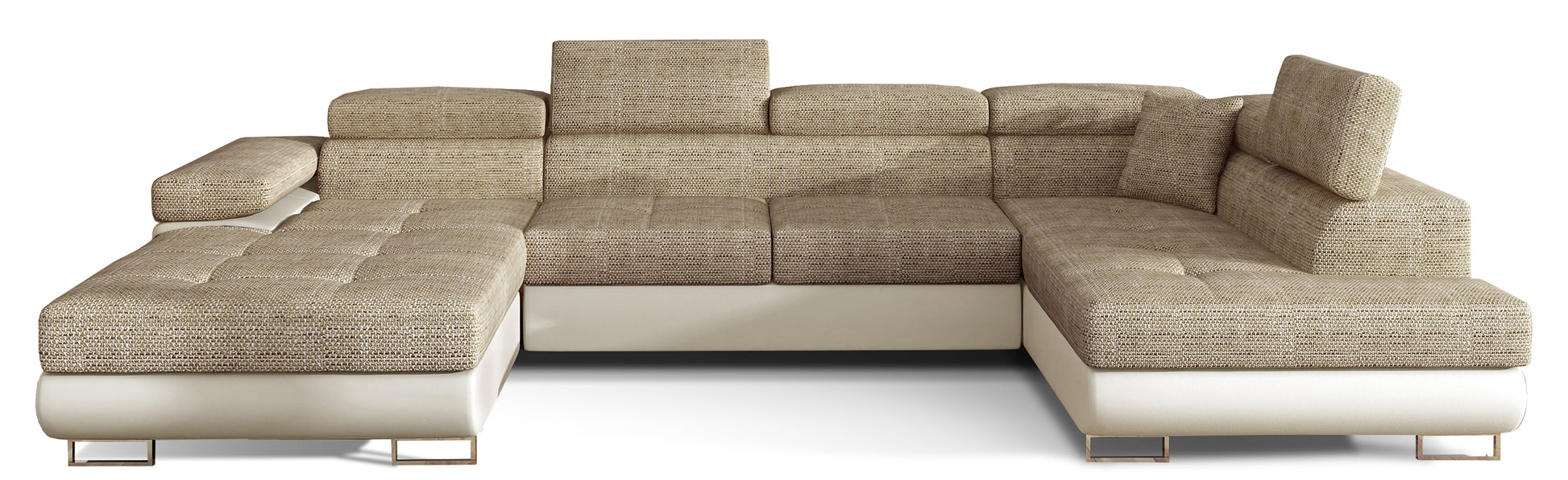 Narożnik Rodrigo w układzie prawym, tapicerowany w tkaninie Berlin 03 ciemnobeżowy i Soft 33, widok frontalny na białym tle.