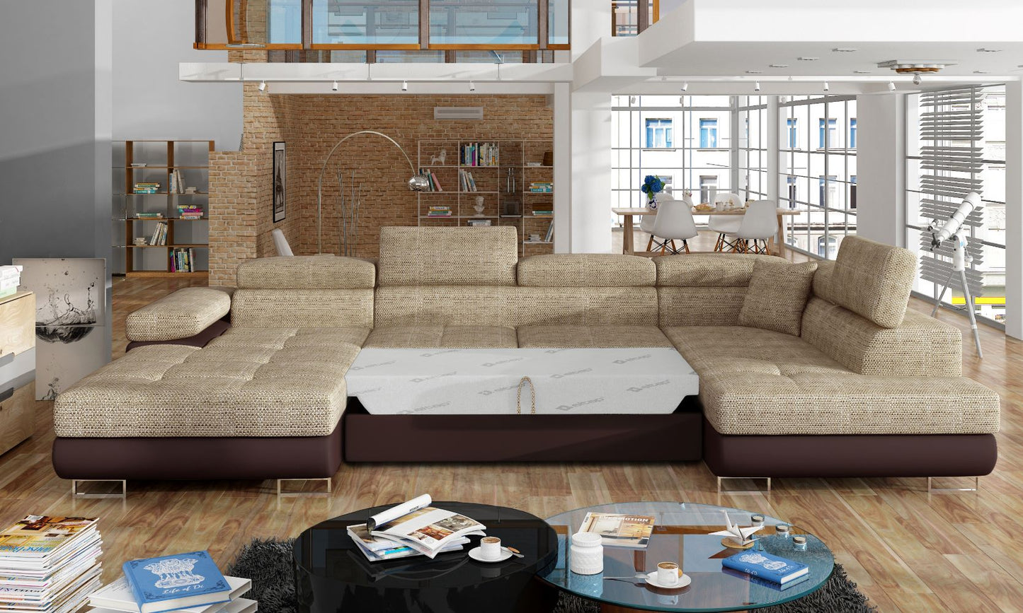 Narożnik Rodrigo Berlin 03 ciemnobeżowy / Soft 66 w układzie prawym z rozłożoną funkcją spania w jasnym salonie.