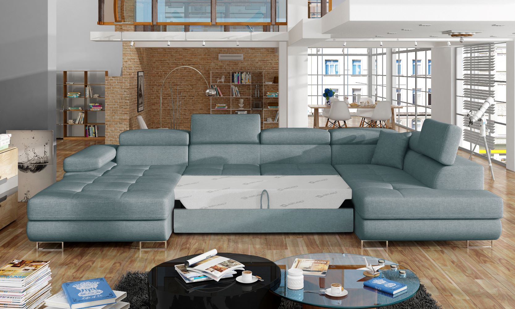 Narożnik Rodrigo Cover 70 niebieski w układzie prawym z rozłożoną funkcją spania w jasnym salonie.