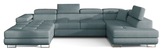 Narożnik Rodrigo w układzie prawym, tapicerowany w tkaninie Cover 70 niebieski, widok frontalny na białym tle.