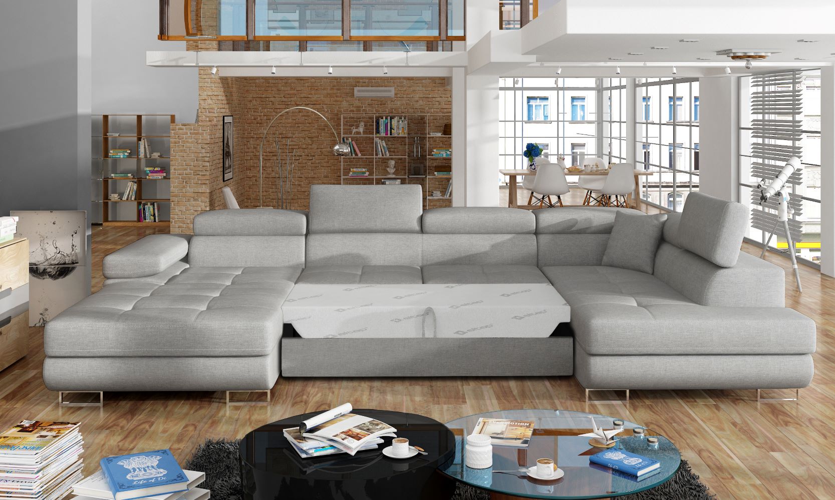 Narożnik Rodrigo Cover 83 szary w układzie prawym z rozłożoną funkcją spania w jasnym salonie.