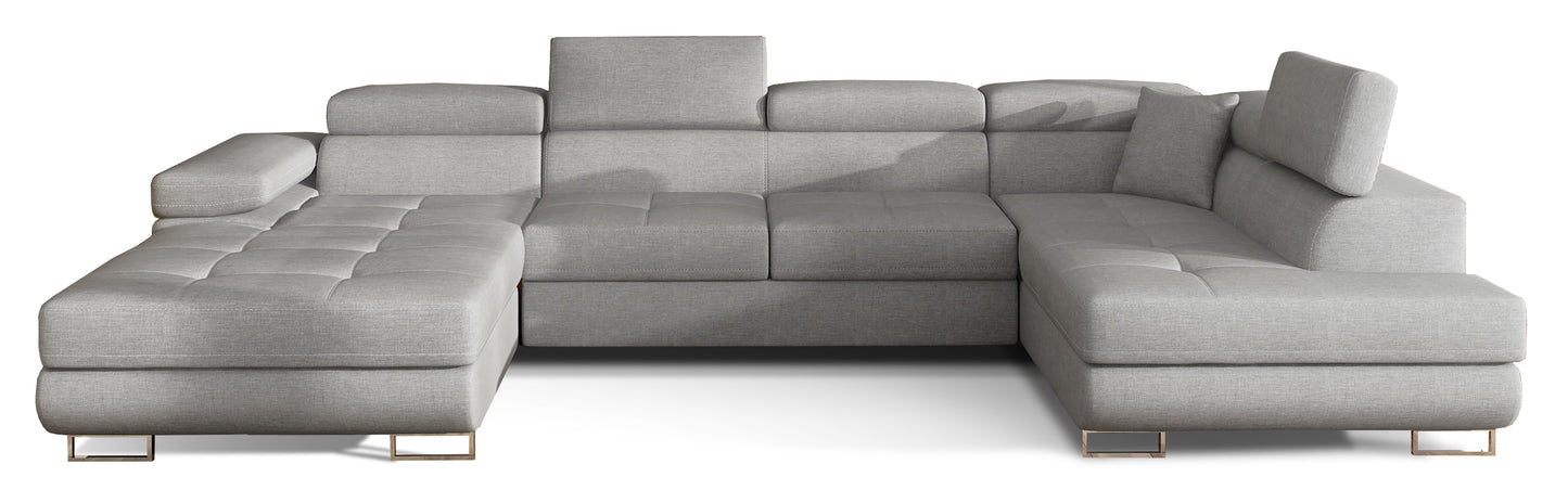 Narożnik Rodrigo w układzie prawym, tapicerowany w tkaninie Cover 83 szary, widok frontalny na białym tle.