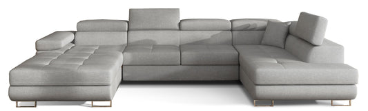 Narożnik Rodrigo w układzie prawym, tapicerowany w tkaninie Cover 83 szary, widok frontalny na białym tle.