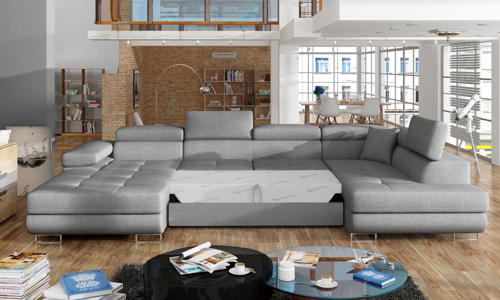 Narożnik Rodrigo Cover 87 ciemnoszary w układzie prawym z rozłożoną funkcją spania w jasnym salonie.