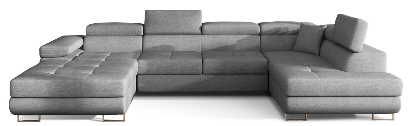 Narożnik Rodrigo w układzie prawym, tapicerowany w tkaninie Cover 87 ciemnoszary, widok frontalny na białym tle.