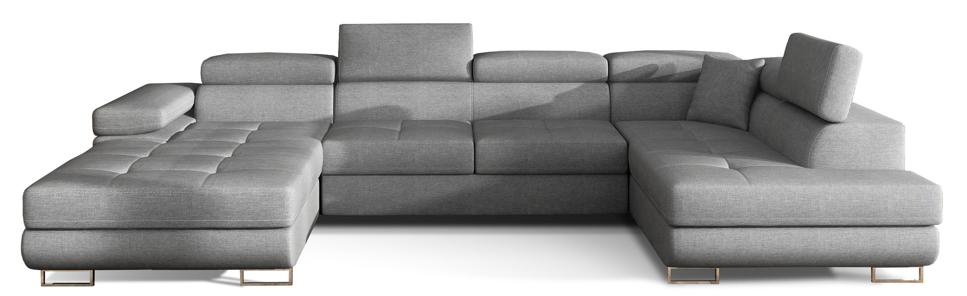 Narożnik Rodrigo w układzie prawym, tapicerowany w tkaninie Cover 87 ciemnoszary, widok frontalny na białym tle.