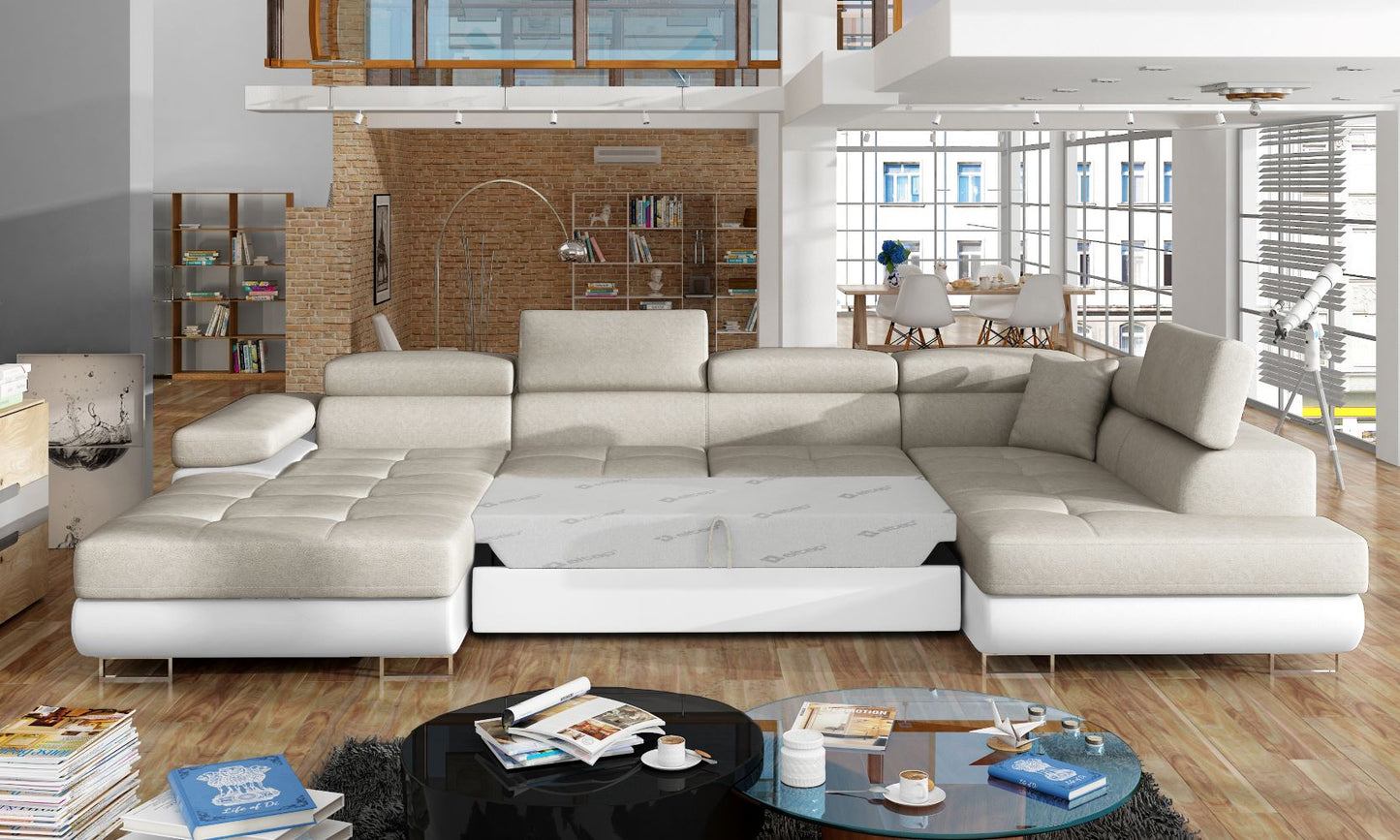 Narożnik Rodrigo Dora 21 beżowy / Soft 17 w układzie prawym z rozłożoną funkcją spania w jasnym salonie.