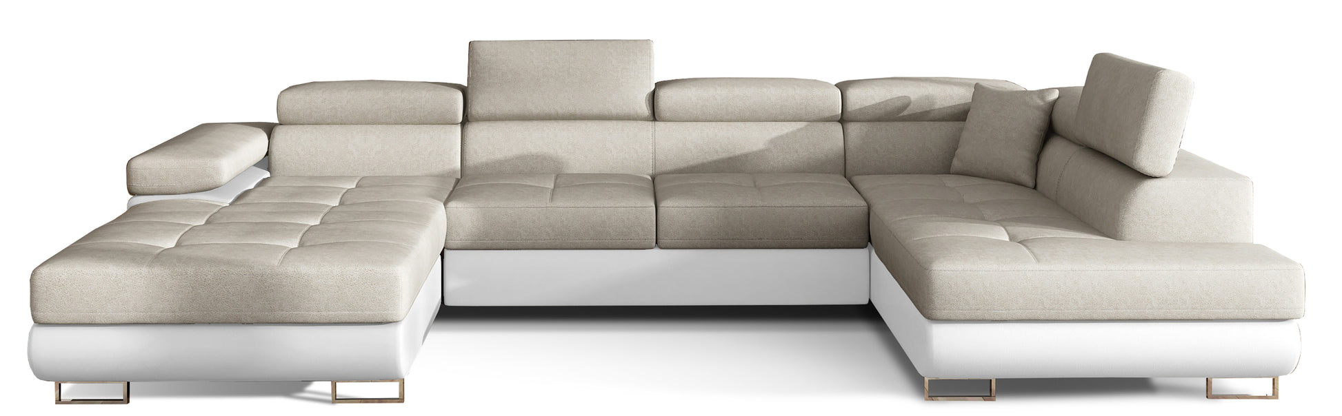 Narożnik Rodrigo w układzie prawym, tapicerowany w tkaninie Dora 21 beżowy i Soft 17, widok frontalny na białym tle.