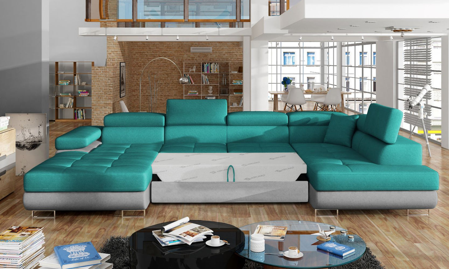 Narożnik Rodrigo Dora 85 zielony / Dora 90 w układzie prawym z rozłożoną funkcją spania w jasnym salonie.