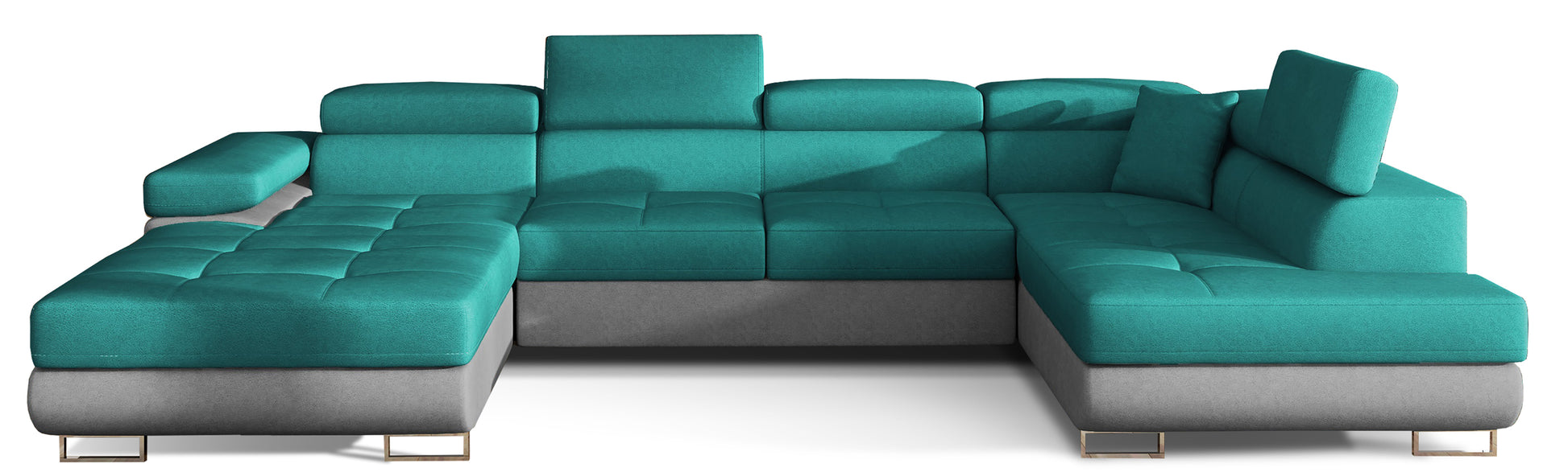 Narożnik Rodrigo w układzie prawym, tapicerowany w tkaninie Dora 85 zielony i Dora 90, widok frontalny na białym tle.