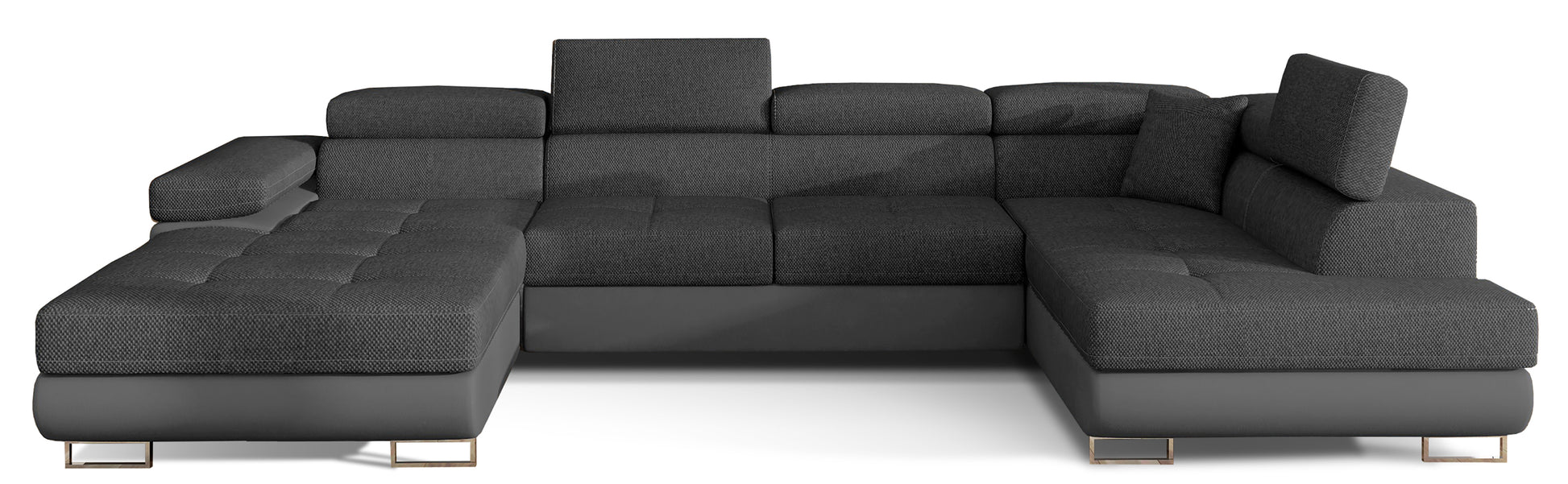 Narożnik Rodrigo w układzie prawym, tapicerowany w tkaninie Inari 96 ciemnoszary i Soft 29, widok frontalny na białym tle.