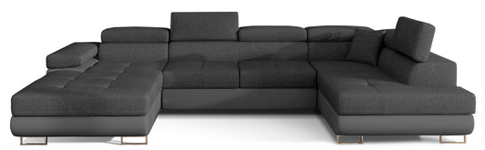 Narożnik Rodrigo w układzie prawym, tapicerowany w tkaninie Inari 96 ciemnoszary i Soft 29, widok frontalny na białym tle.