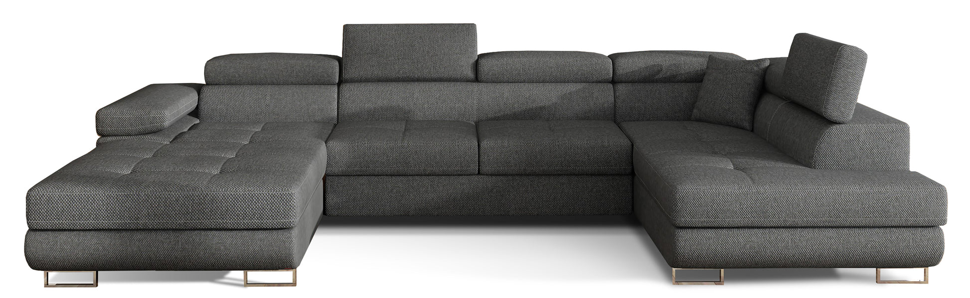 Narożnik Rodrigo w układzie prawym, tapicerowany w tkaninie Inari 96 ciemnoszary, widok frontalny na białym tle.