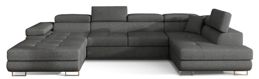 Narożnik Rodrigo w układzie prawym, tapicerowany w tkaninie Inari 96 ciemnoszary, widok frontalny na białym tle.