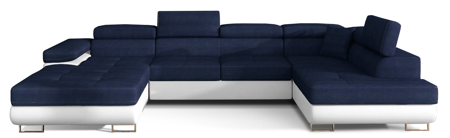 Narożnik Rodrigo w układzie prawym, tapicerowany w tkaninie Kronos 09 granatowy i Soft 17, widok frontalny na białym tle.