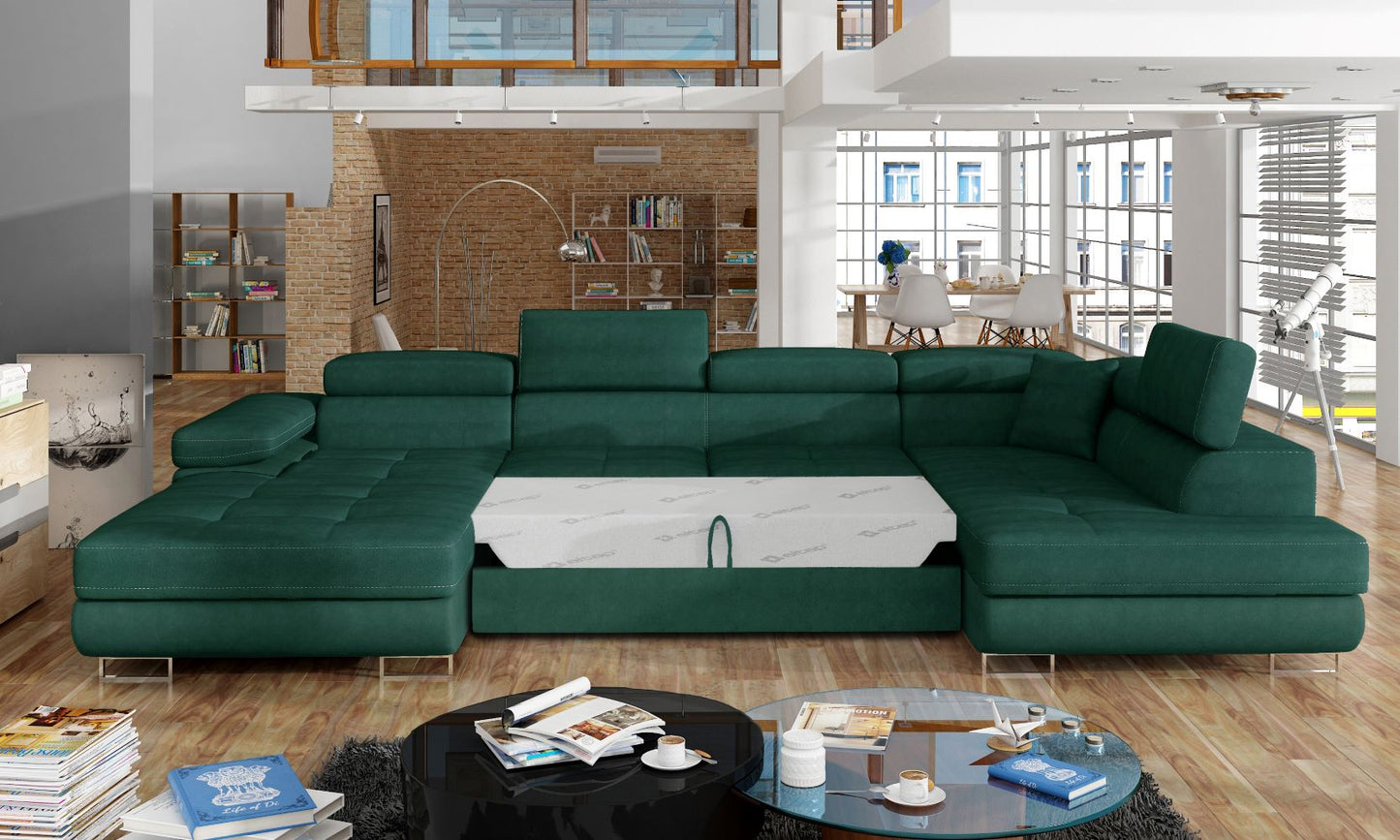 Narożnik Rodrigo Kronos 19 zielony w układzie prawym z rozłożoną funkcją spania w jasnym salonie.